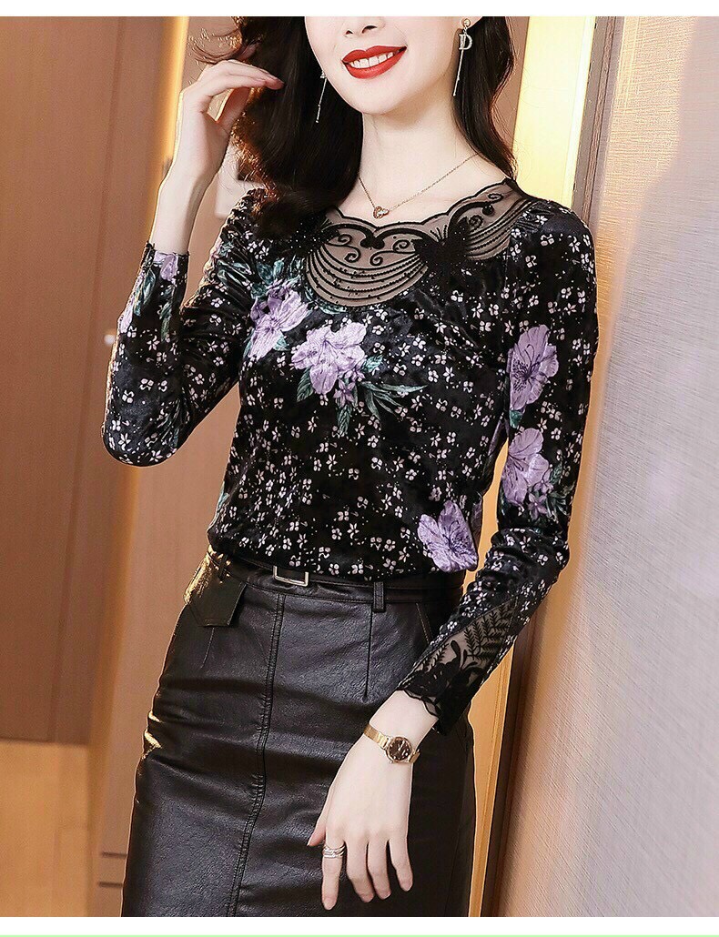 Áo Nhung Hoa Tím Cổ Lưới - SM61